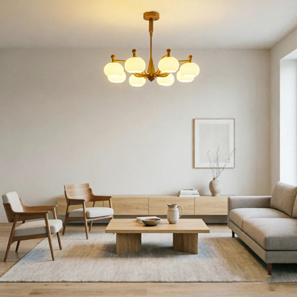 LUXORA Mid-Century 8 Light Globe Chandelier with Curved Arms and Wood Accents for Living Room Dining Room - Walnut & White
