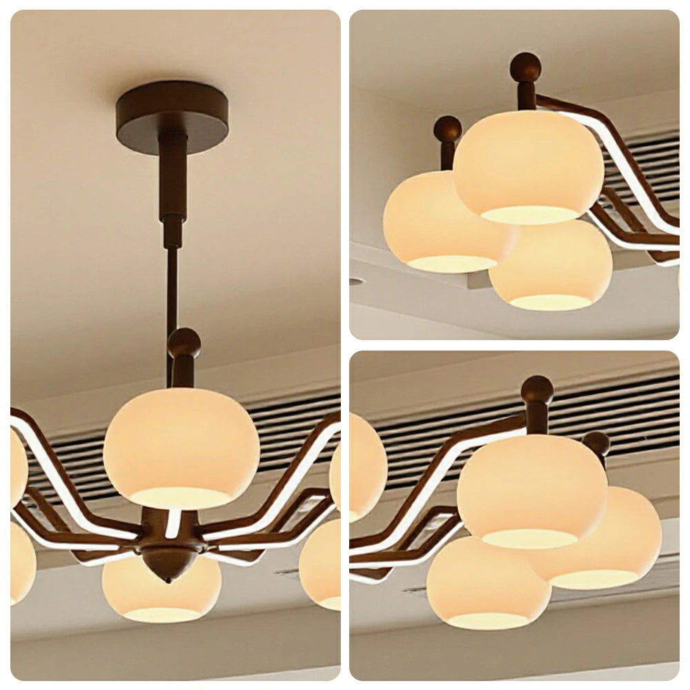 LUXORA Mid-Century 8 Light Globe Chandelier with Curved Arms and Wood Accents for Living Room Dining Room - Walnut & White