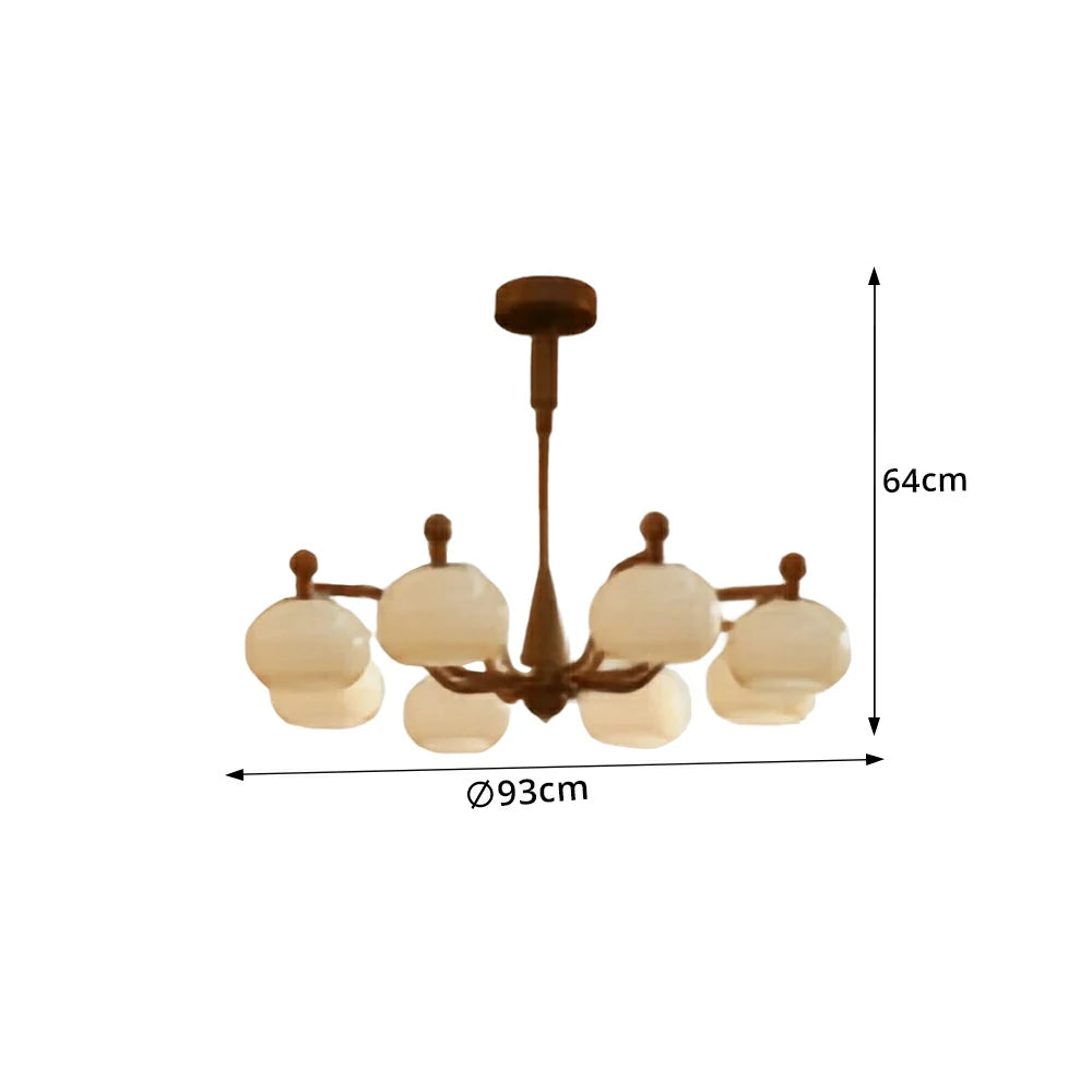 LUXORA Mid-Century 8 Light Globe Chandelier with Curved Arms and Wood Accents for Living Room Dining Room - Walnut & White