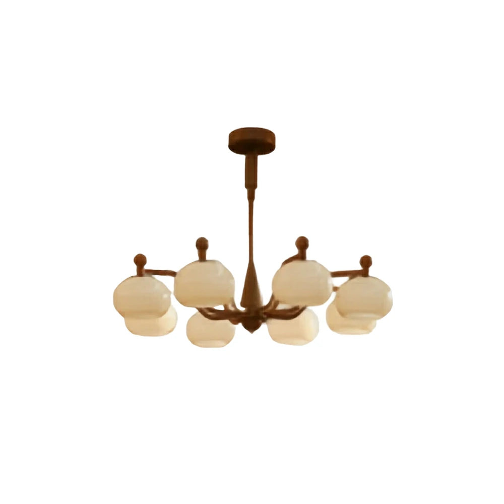 LUXORA Mid-Century 8 Light Globe Chandelier with Curved Arms and Wood Accents for Living Room Dining Room - Walnut & White