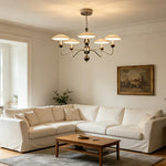 LUXORA Modern 5 Light LED Ring Chandelier with Wood Bead Accents for Living Room Dining Room - Chrome & Walnut