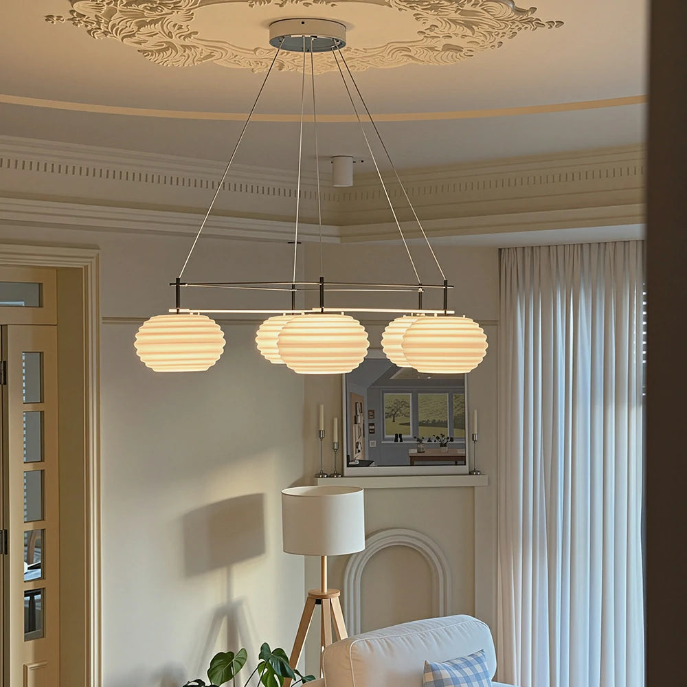 LUXORA Modern 6 Light Chandelier with Ribbed Globe Shades 90cm for Living Room Dining Room - Chrome & White