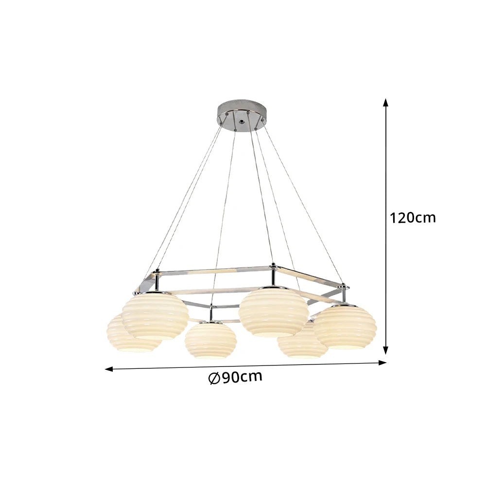 LUXORA Modern 6 Light Chandelier with Ribbed Globe Shades 90cm for Living Room Dining Room - Chrome & White