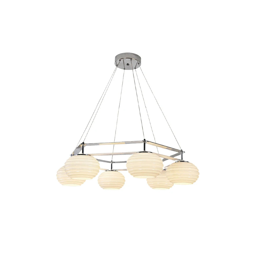 LUXORA Modern 6 Light Chandelier with Ribbed Globe Shades 90cm for Living Room Dining Room - Chrome & White