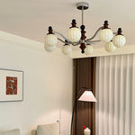 LUXORA Mid-Century 8 Light Chandelier with Ribbed Glass Shades and Wood Accents for Living Room Dining Room - Chrome & Walnut
