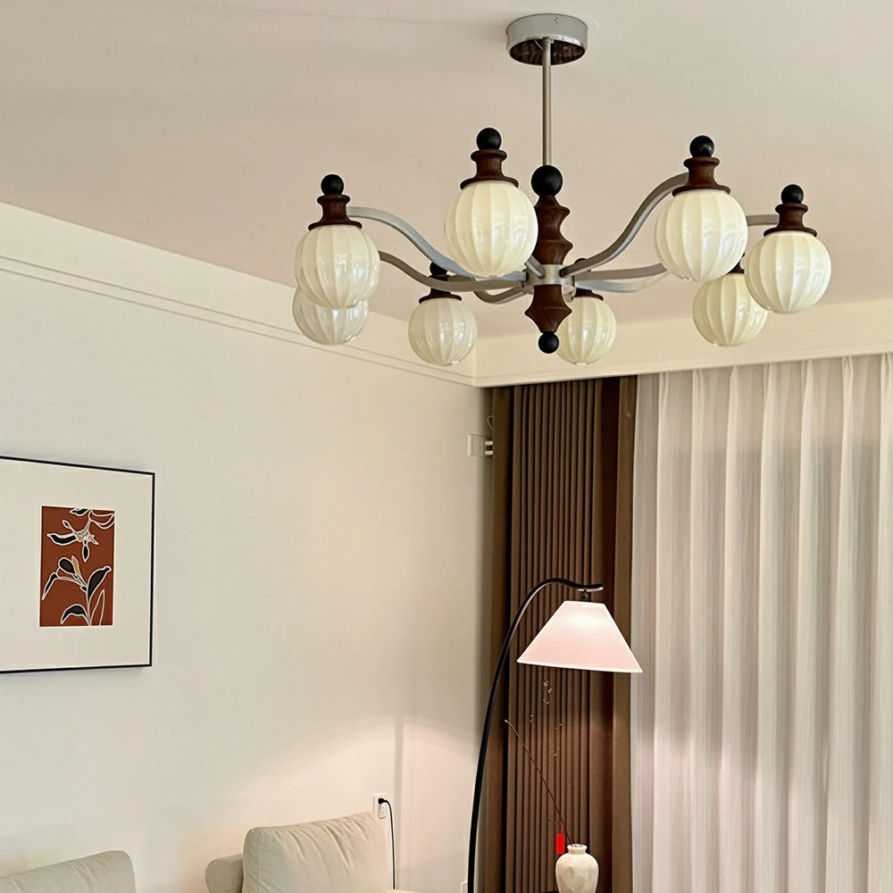 LUXORA Mid-Century 8 Light Chandelier with Ribbed Glass Shades and Wood Accents for Living Room Dining Room - Chrome & Walnut