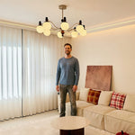LUXORA Mid-Century 8 Light Chandelier with Ribbed Glass Shades and Wood Accents for Living Room Dining Room - Chrome & Walnut