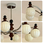 LUXORA Mid-Century 8 Light Chandelier with Ribbed Glass Shades and Wood Accents for Living Room Dining Room - Chrome & Walnut