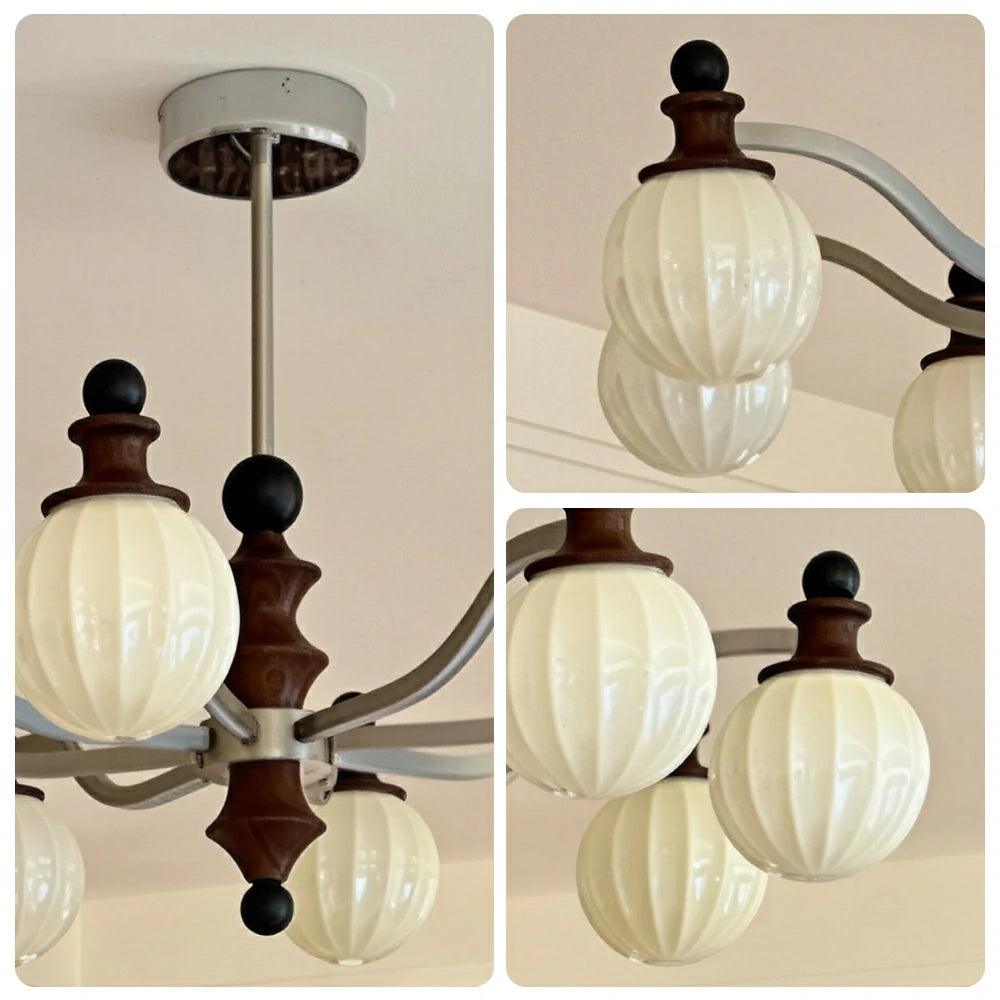 LUXORA Mid-Century 8 Light Chandelier with Ribbed Glass Shades and Wood Accents for Living Room Dining Room - Chrome & Walnut