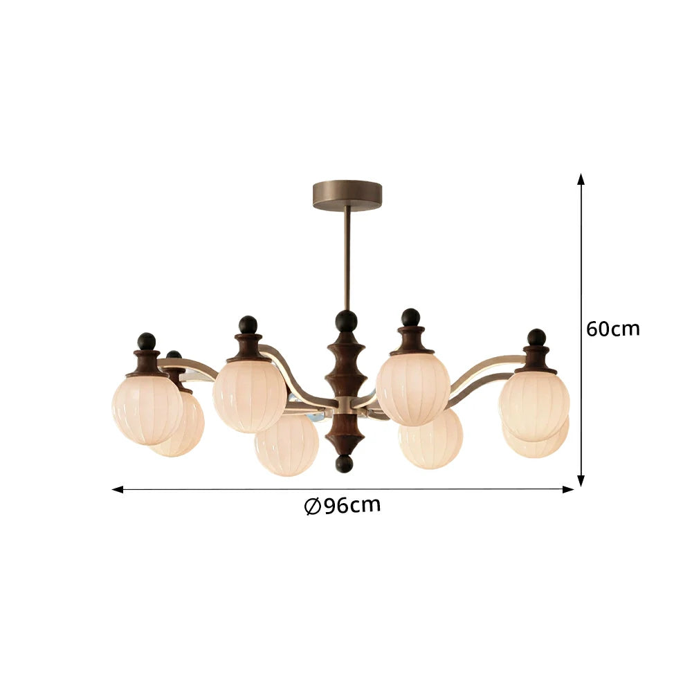 LUXORA Mid-Century 8 Light Chandelier with Ribbed Glass Shades and Wood Accents for Living Room Dining Room - Chrome & Walnut
