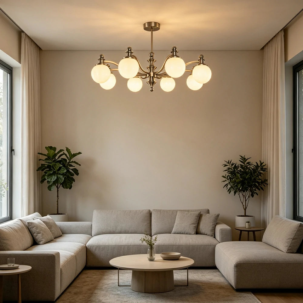 LUXORA Mid-Century 8 Light Chandelier with Ribbed Glass Shades and Wood Accents for Living Room Dining Room - Grey