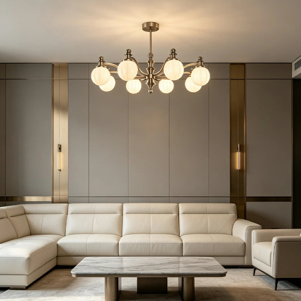 LUXORA Mid-Century 8 Light Chandelier with Ribbed Glass Shades and Wood Accents for Living Room Dining Room - Grey