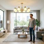 LUXORA Mid-Century 8 Light Chandelier with Ribbed Glass Shades and Wood Accents for Living Room Dining Room - Grey