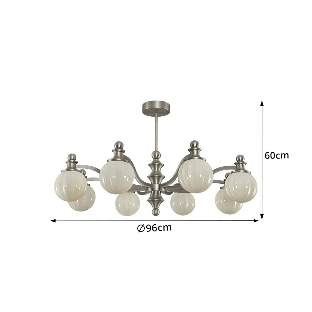 LUXORA Mid-Century 8 Light Chandelier with Ribbed Glass Shades and Wood Accents for Living Room Dining Room - Grey
