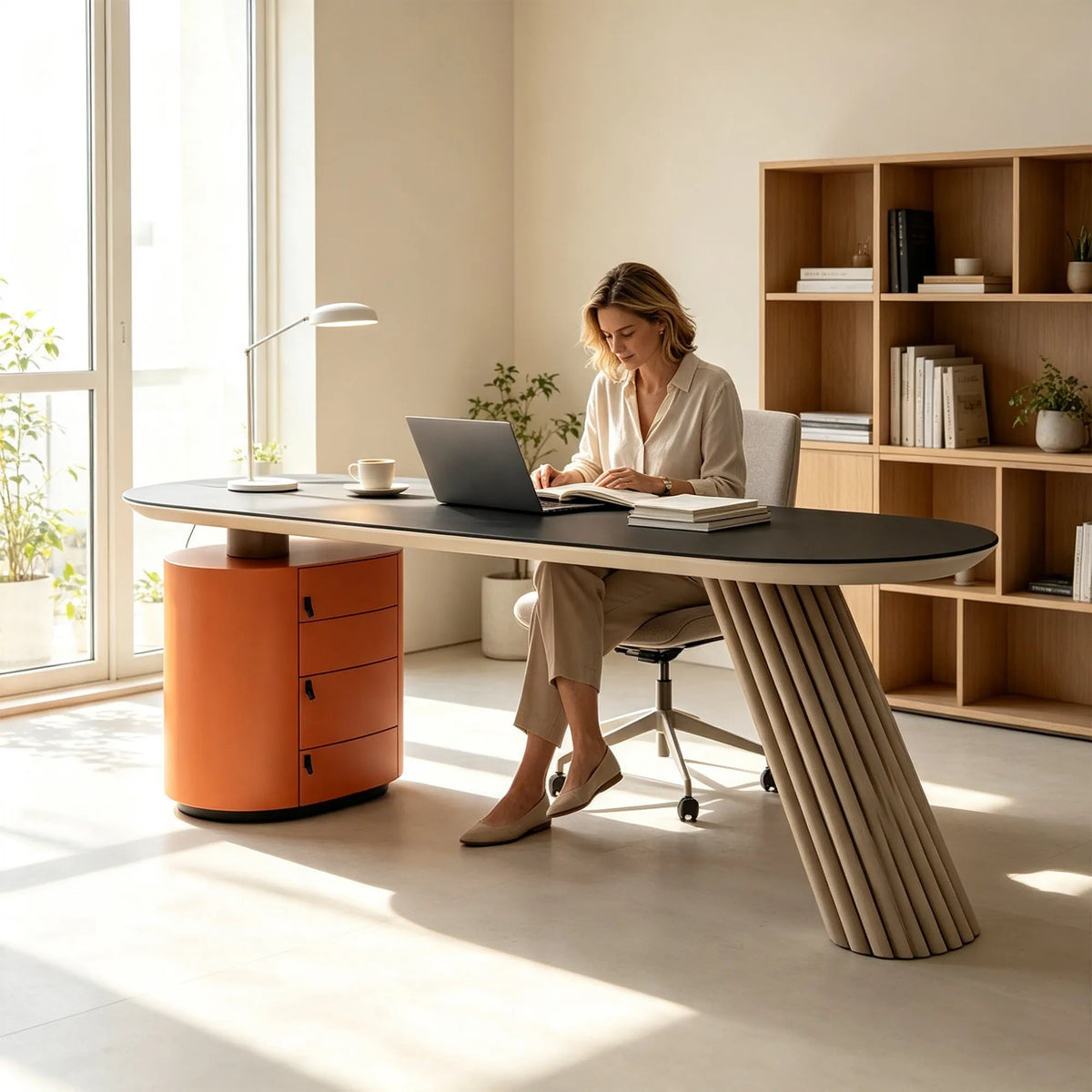 LUXORA Modern Italian Sintered Stone Desk 6mm Top Cylindrical Support Smart Power 140/160cm for Study Home Office - Orange