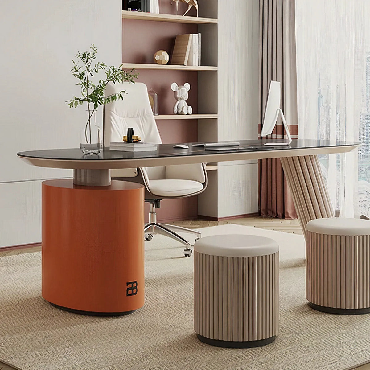 LUXORA Modern Italian Sintered Stone Desk 6mm Top Cylindrical Support Smart Power 140/160cm for Study Home Office - Orange