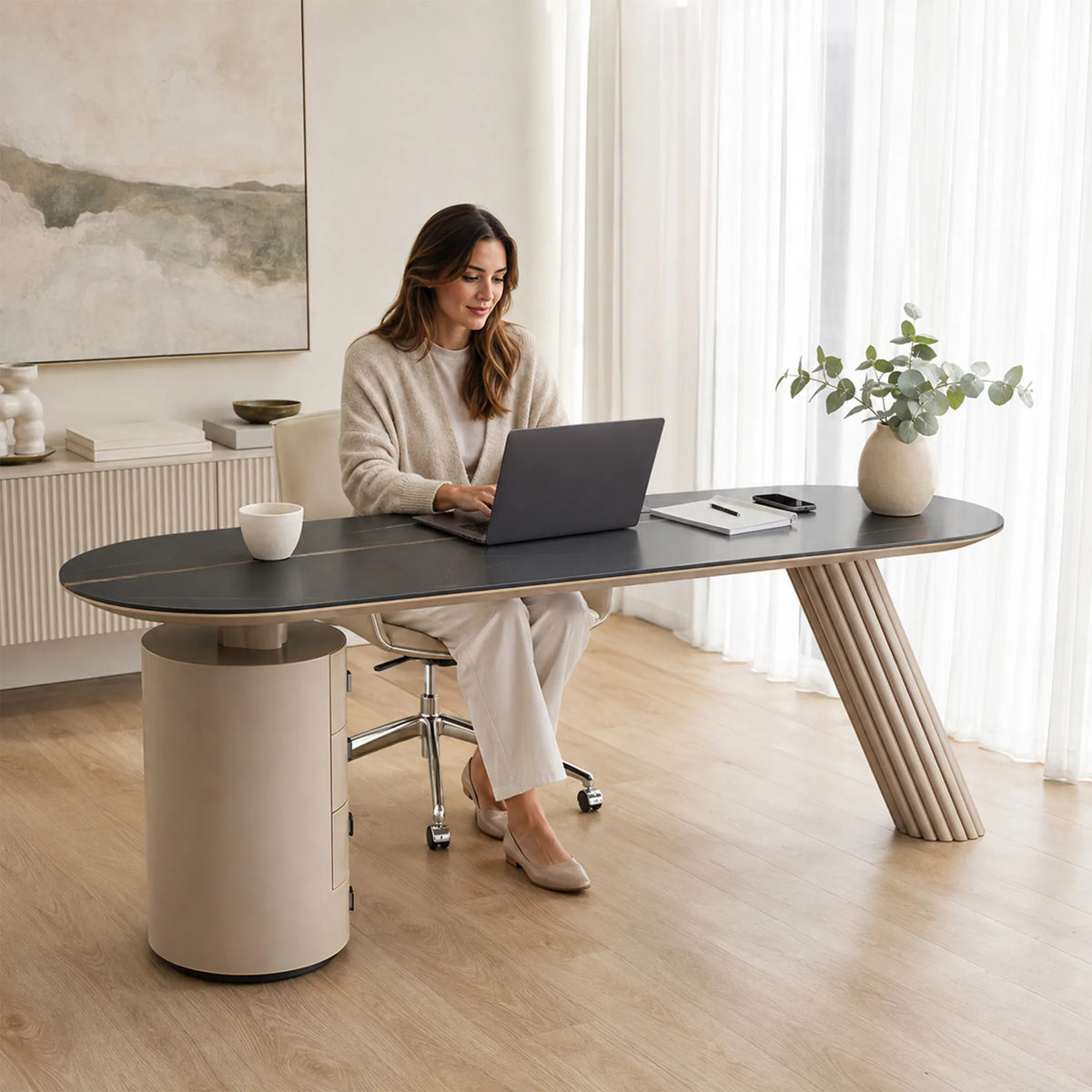 LUXORA Modern Italian Sintered Stone Desk 6mm Top Cylindrical Support Smart Power 140/160cm for Study Home Office - White