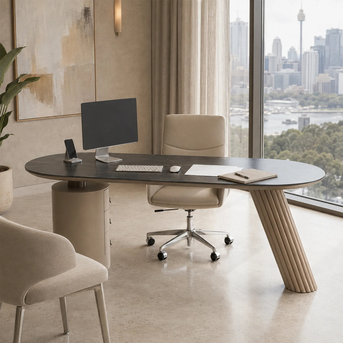LUXORA Modern Italian Sintered Stone Desk 6mm Top Cylindrical Support Smart Power 140/160cm for Study Home Office - White