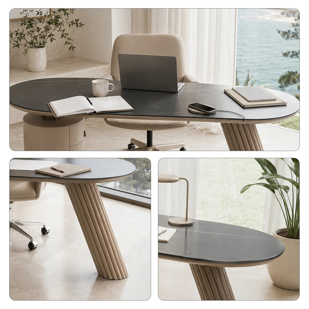 LUXORA Modern Italian Sintered Stone Desk 6mm Top Cylindrical Support Smart Power 140/160cm for Study Home Office - White