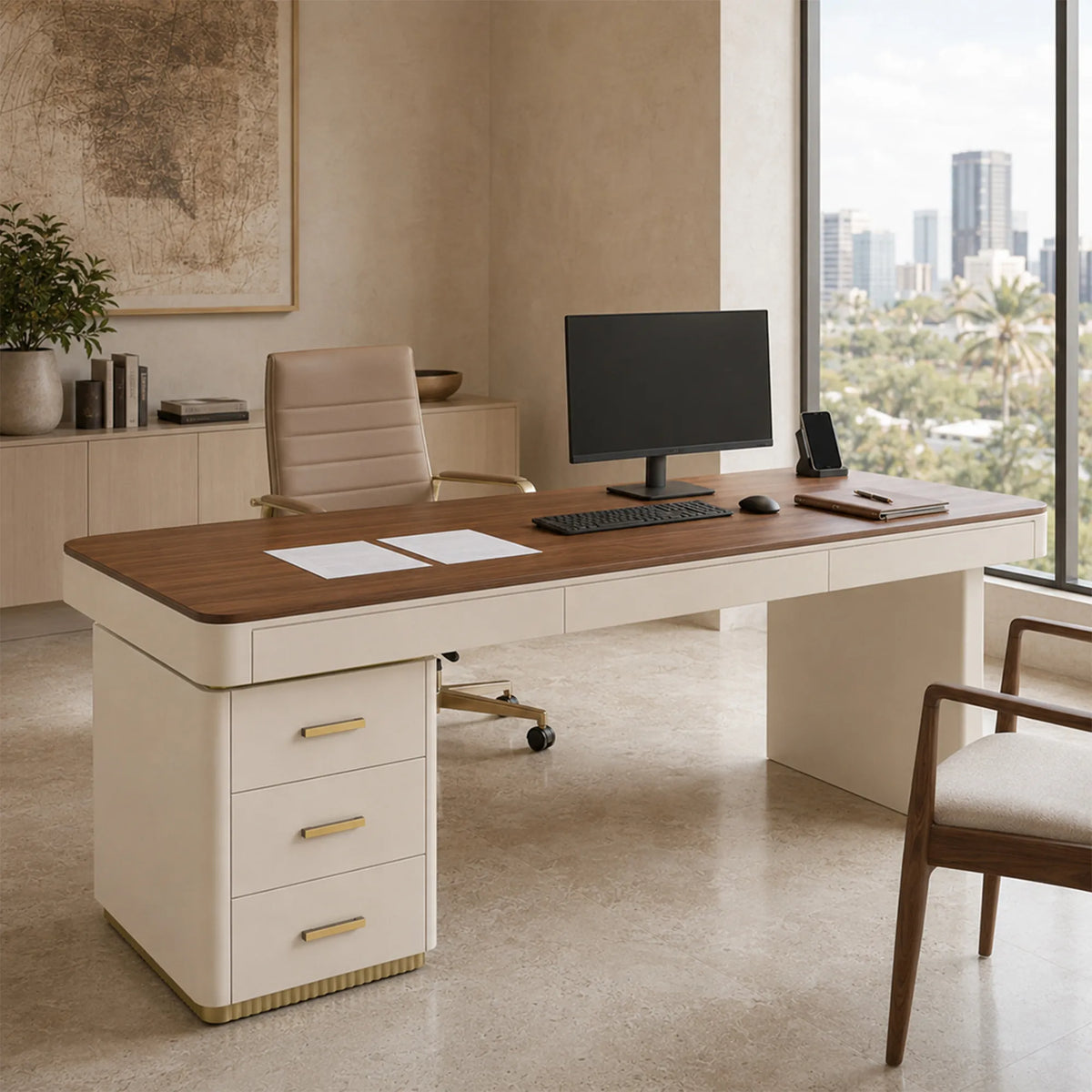 LUXORA Minimalist Home Office Desk Walnut Veneer Side Cabinet Silent Drawers 140/160cm for Study Office Workspace