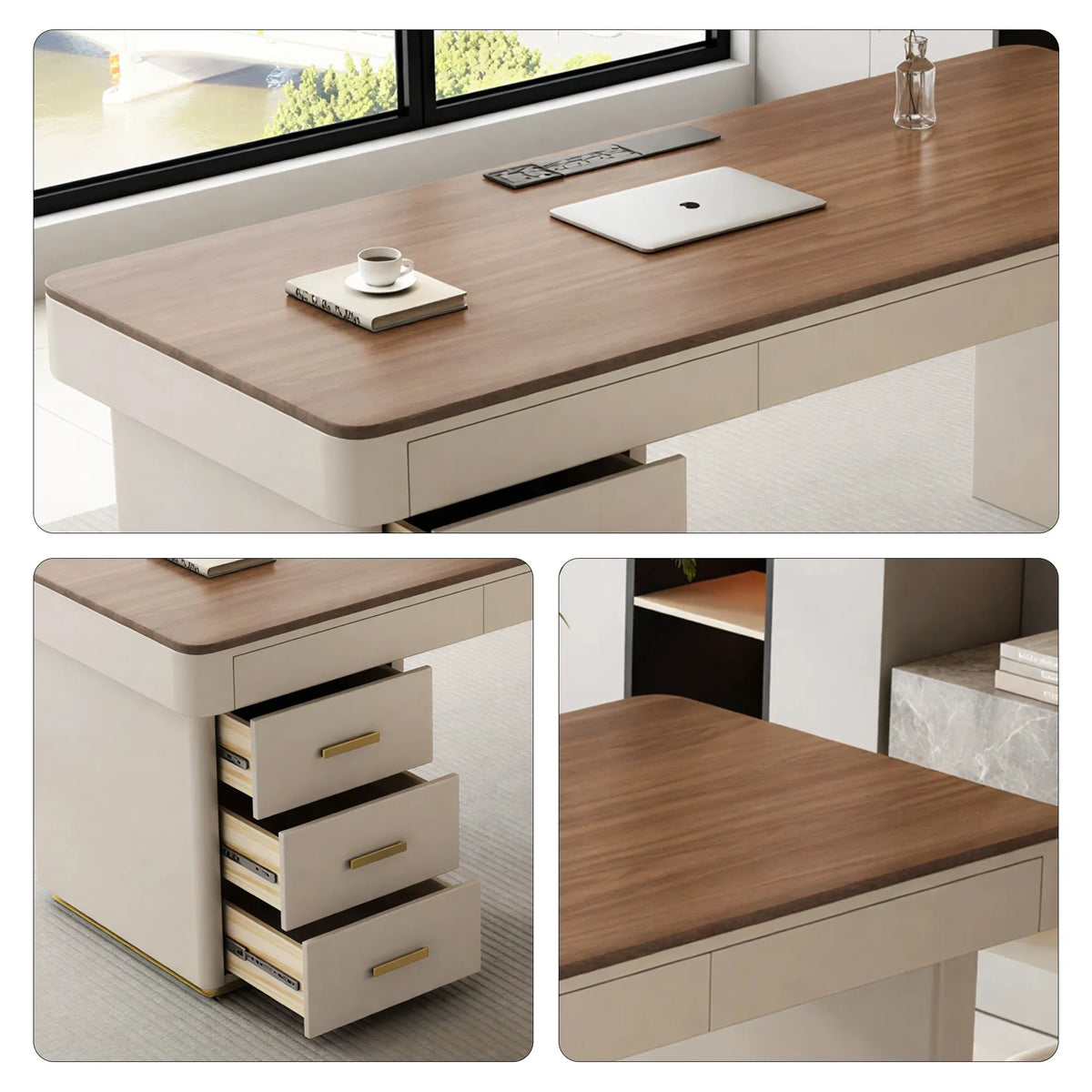 LUXORA Minimalist Home Office Desk Walnut Veneer Side Cabinet Silent Drawers 140/160cm for Study Office Workspace