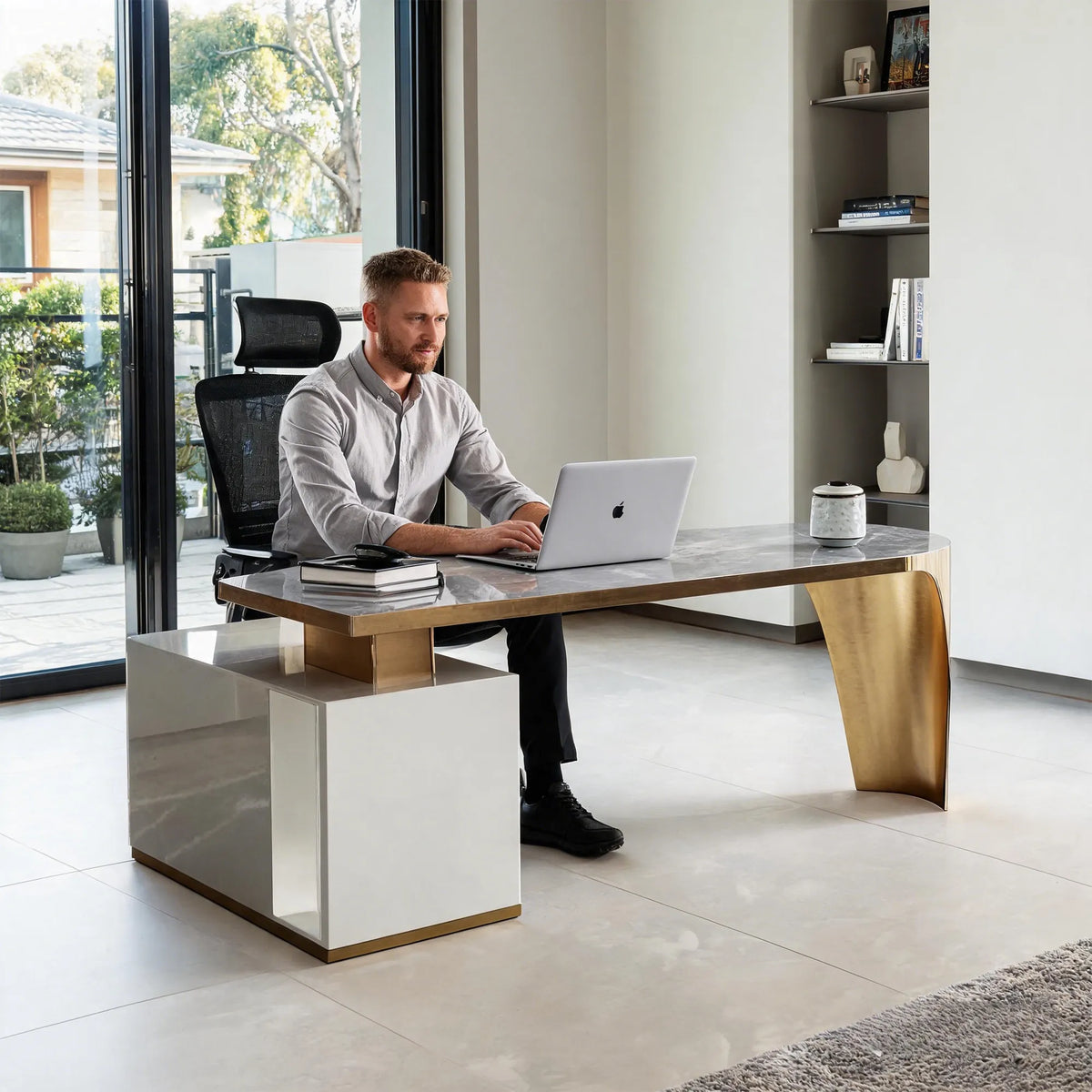 LUXORA Minimalist Office Desk Heat-Resistant Stone Top Cable Management 140/160cm for Study Office Workspace
