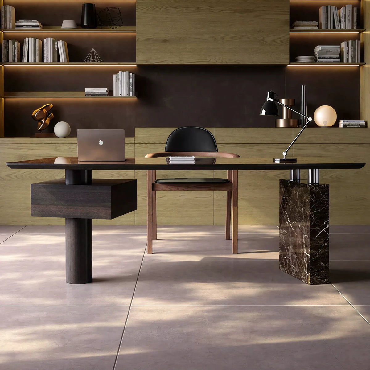 LUXORA Modern Sintered Stone Desk ENF Board Smoked Wood Smart Power Storage for Study Home Office