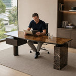 LUXORA Modern Sintered Stone Desk ENF Board Smoked Wood Smart Power Storage for Study Home Office