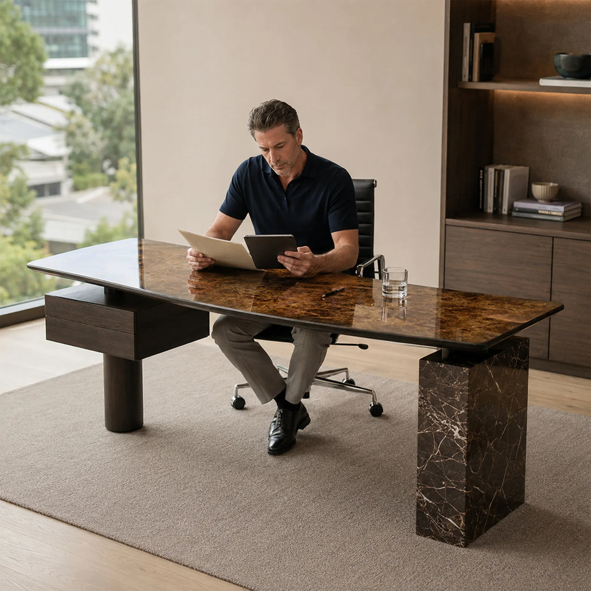 LUXORA Modern Sintered Stone Desk ENF Board Smoked Wood Smart Power Storage for Study Home Office