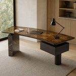 LUXORA Modern Sintered Stone Desk ENF Board Smoked Wood Smart Power Storage for Study Home Office