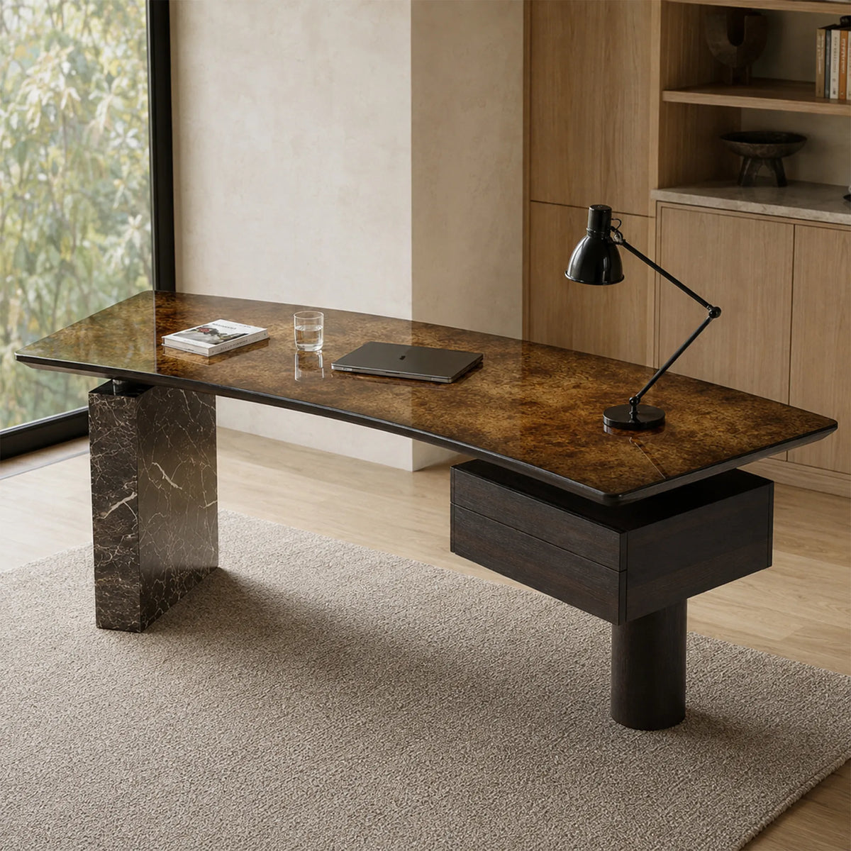 LUXORA Modern Sintered Stone Desk ENF Board Smoked Wood Smart Power Storage for Study Home Office