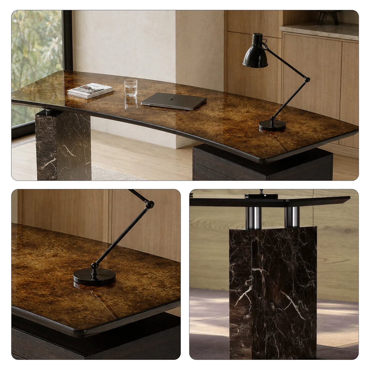LUXORA Modern Sintered Stone Desk ENF Board Smoked Wood Smart Power Storage for Study Home Office