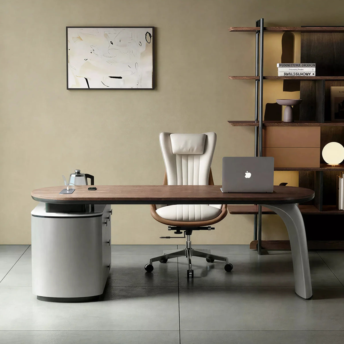 LUXORA Modern Sintered Stone Desk Smoked Wood Smart Power Storage for Study Home Office