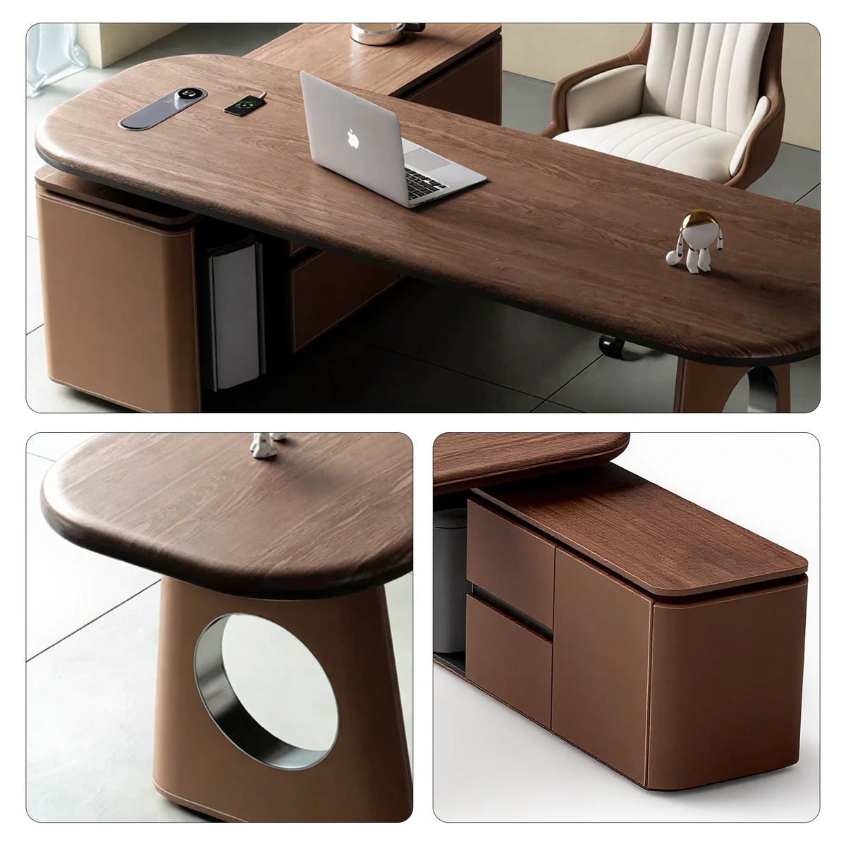 LUXORA Modern Desk & Tea Table Sintered Stone Top Walnut Storage Steel Frame for Home Office Living Room