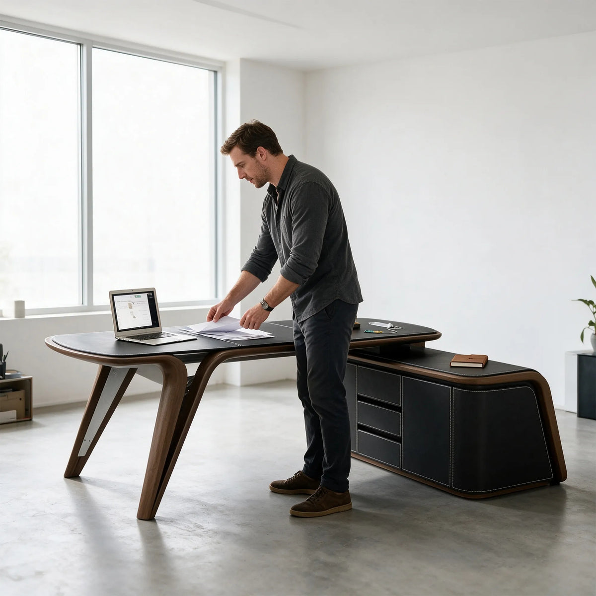 LUXORA Executive Sintered Stone Desk FAS Ash Wood Saddle Leather Smart Power Storage for Home Office Study