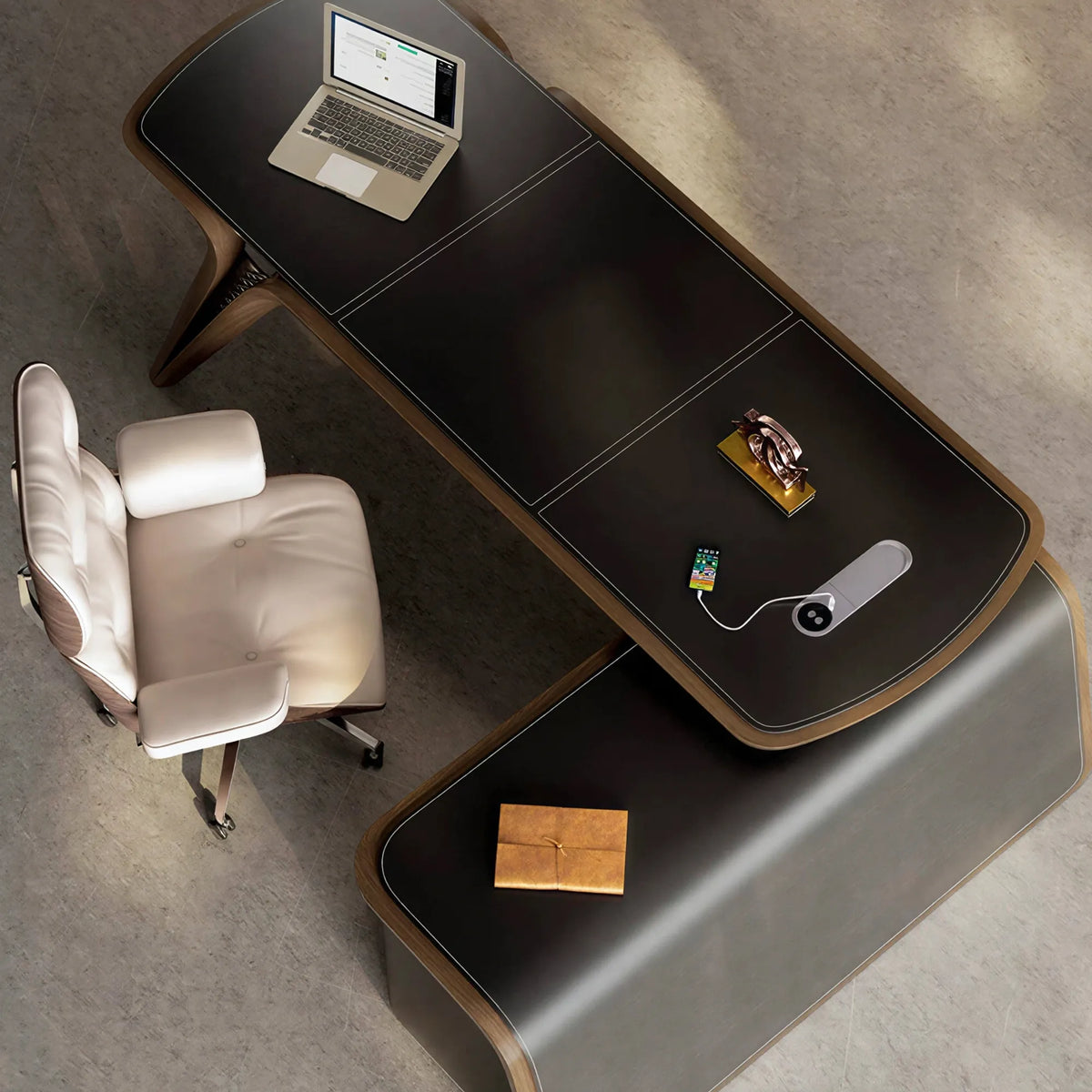 LUXORA Executive Sintered Stone Desk FAS Ash Wood Saddle Leather Smart Power Storage for Home Office Study