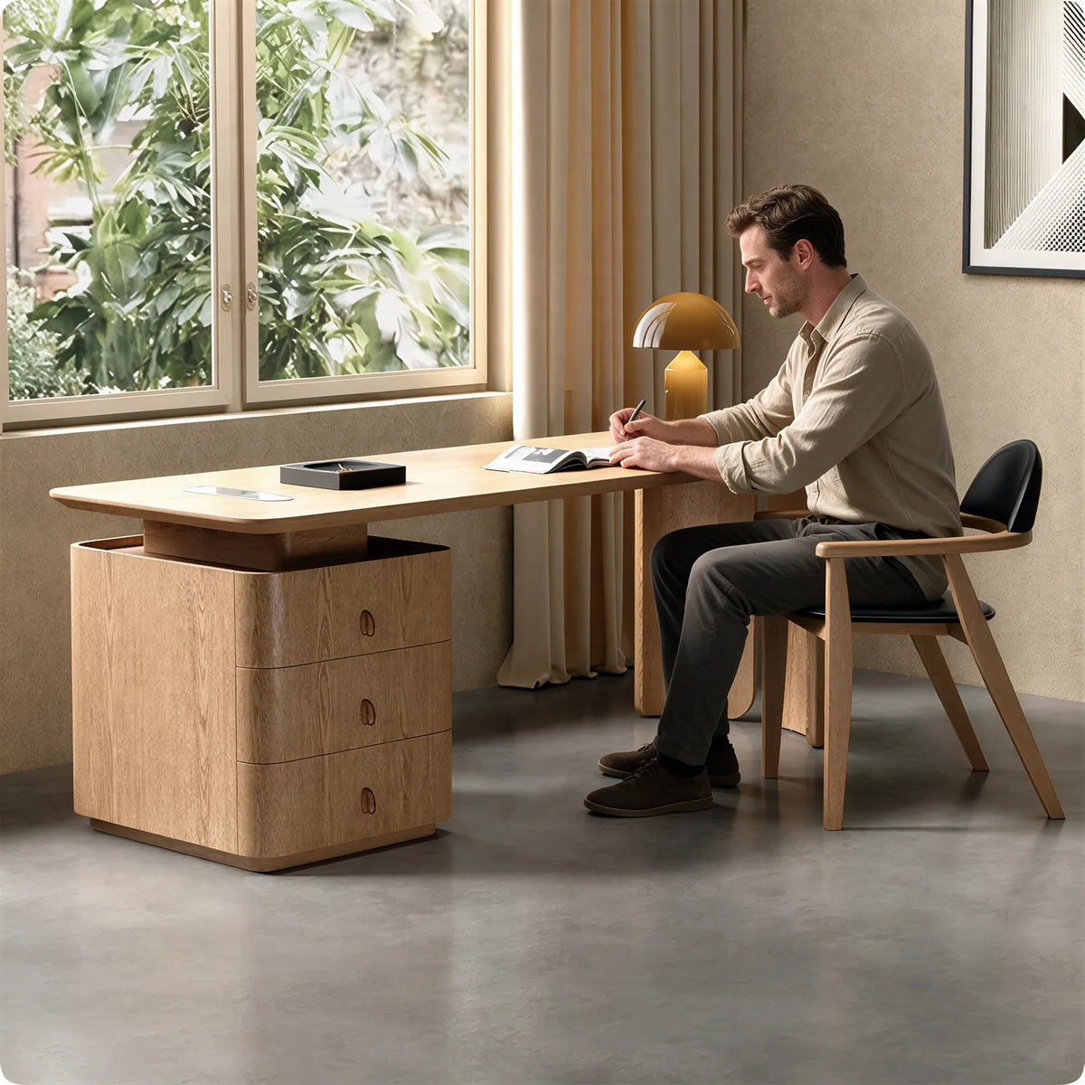 LUXORA Modern Executive Desk Sintered Stone FAS Ash Wood Hidden Storage for Office Study Reading Room