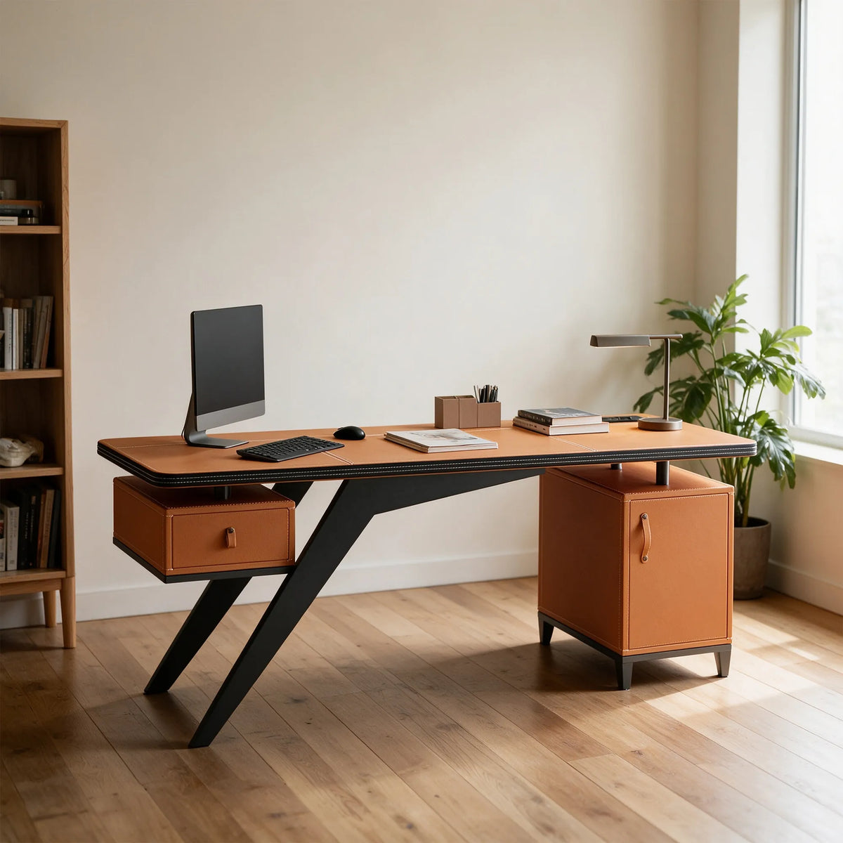 LUXORA Modern Sintered Stone Desk Saddle Leather Smart Power Large Storage 140/160cm for Study Home Office - Orange