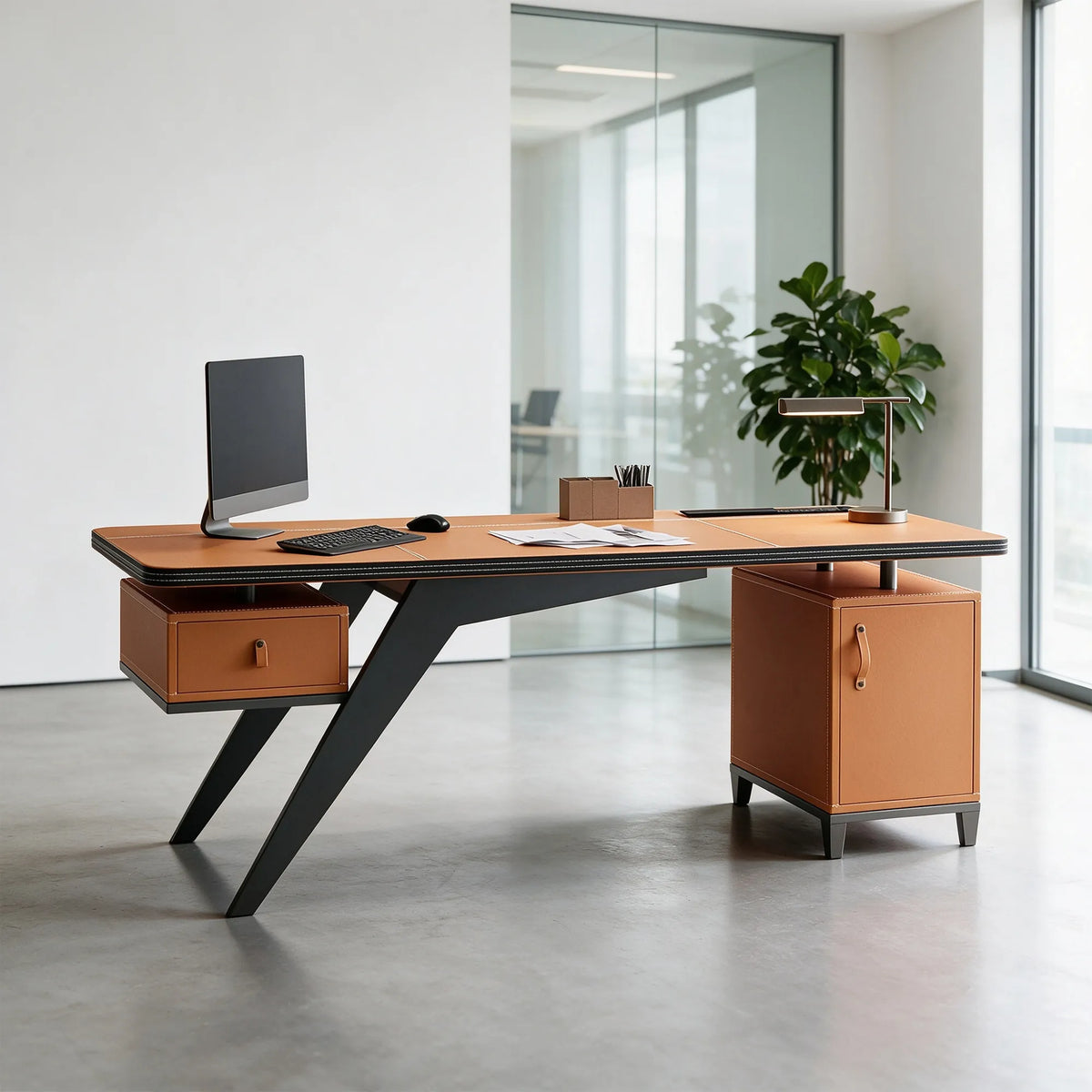 LUXORA Modern Sintered Stone Desk Saddle Leather Smart Power Large Storage 140/160cm for Study Home Office - Orange