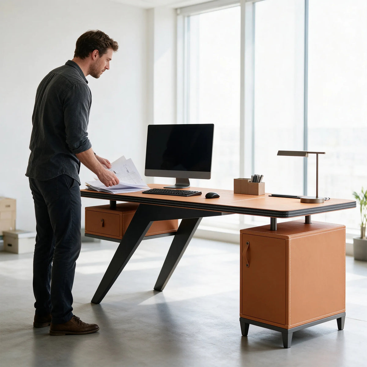 LUXORA Modern Sintered Stone Desk Saddle Leather Smart Power Large Storage 140/160cm for Study Home Office - Orange