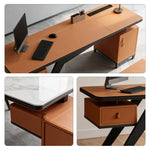 LUXORA Modern Sintered Stone Desk Saddle Leather Smart Power Large Storage 140/160cm for Study Home Office - Orange