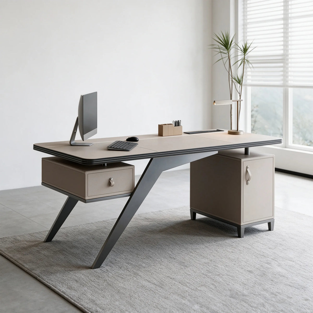 LUXORA Modern Sintered Stone Desk Saddle Leather Smart Power Large Storage 140/160cm for Study Home Office - Grey