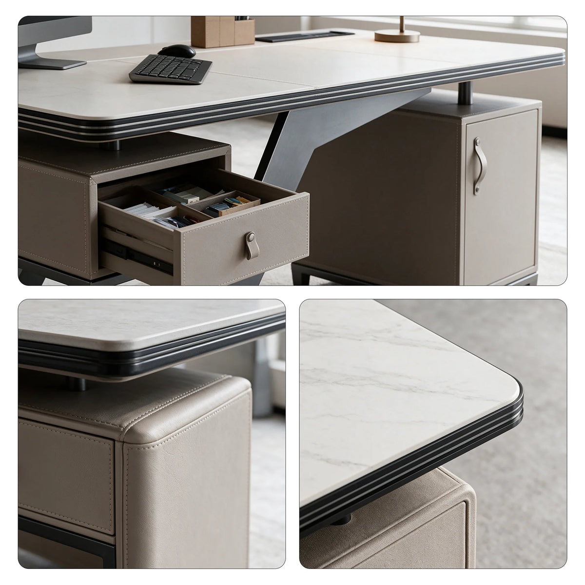 LUXORA Modern Sintered Stone Desk Saddle Leather Smart Power Large Storage 140/160cm for Study Home Office - Grey