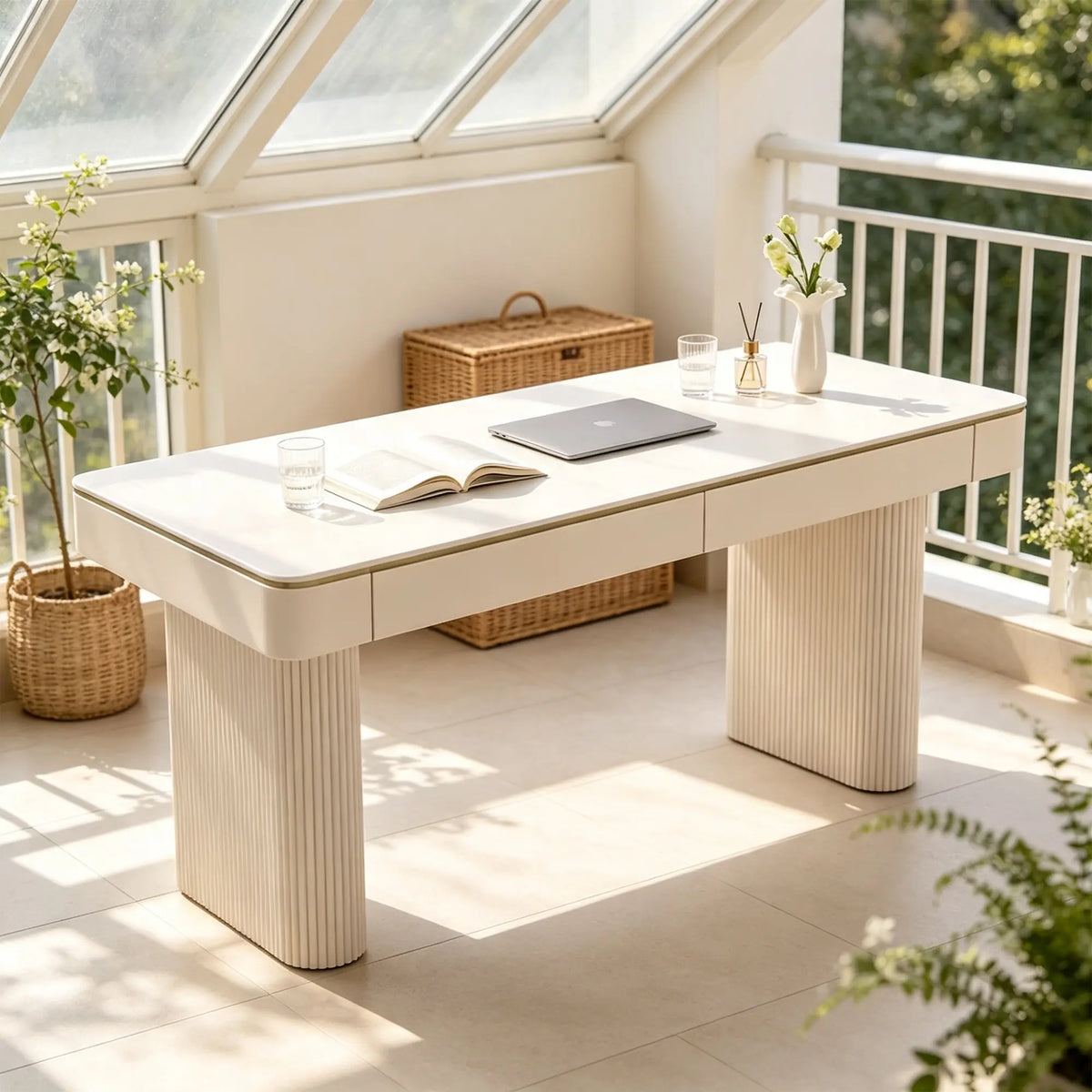 LUXORA Light Luxury Desk White Slate Top Double Drawers Metal Legs 140/160cm for Bedroom Study Home Office