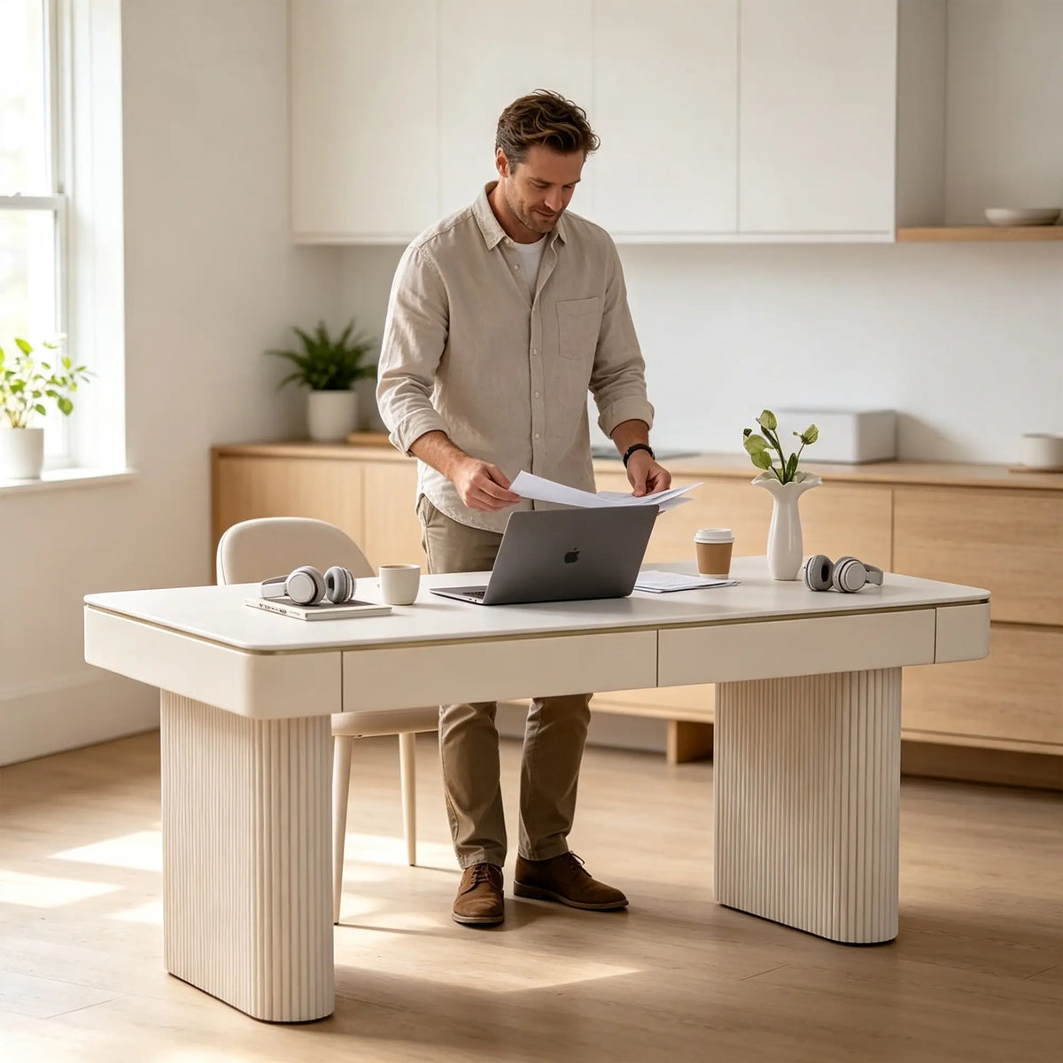 LUXORA Light Luxury Desk White Slate Top Double Drawers Metal Legs 140/160cm for Bedroom Study Home Office