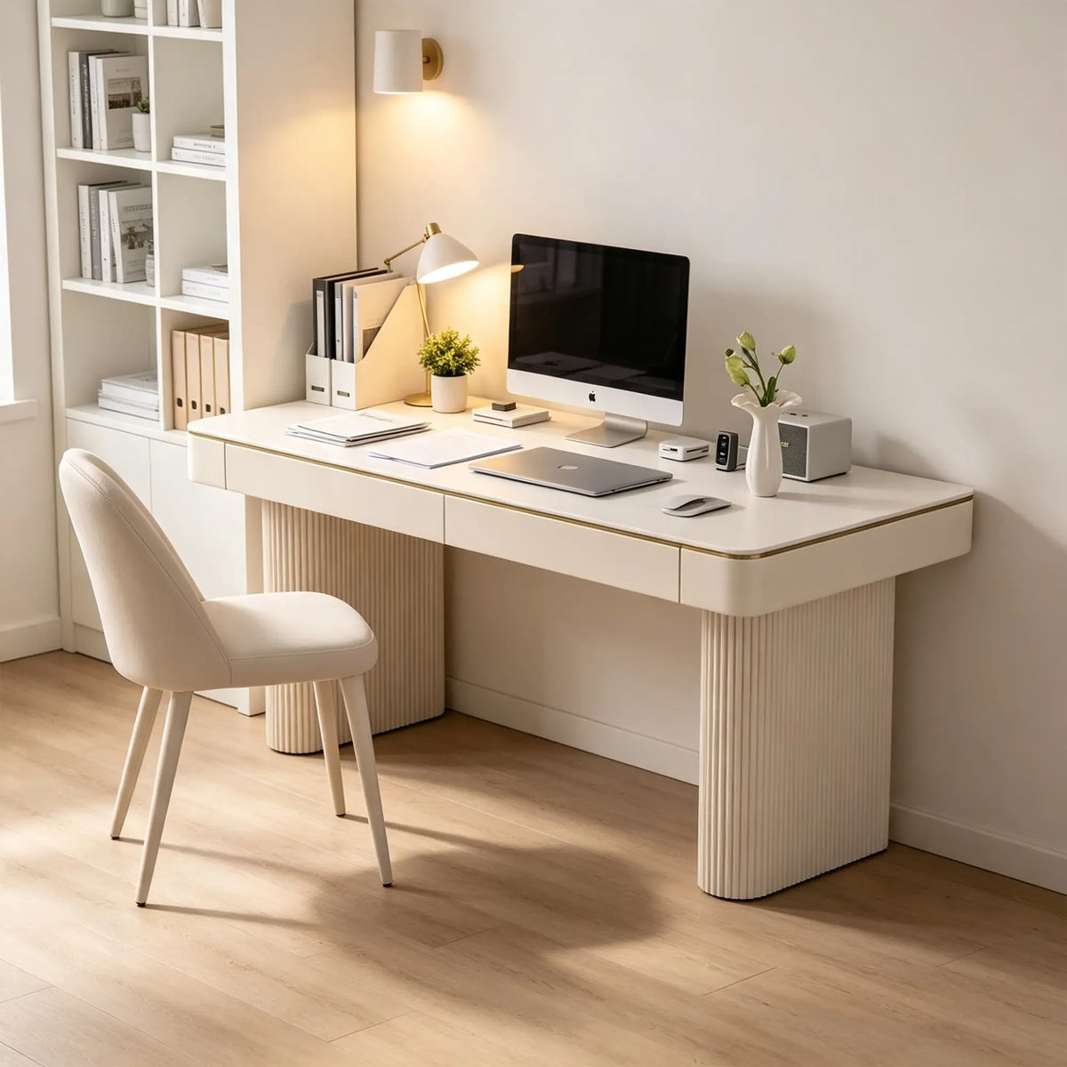 LUXORA Light Luxury Desk White Slate Top Double Drawers Metal Legs 140/160cm for Bedroom Study Home Office