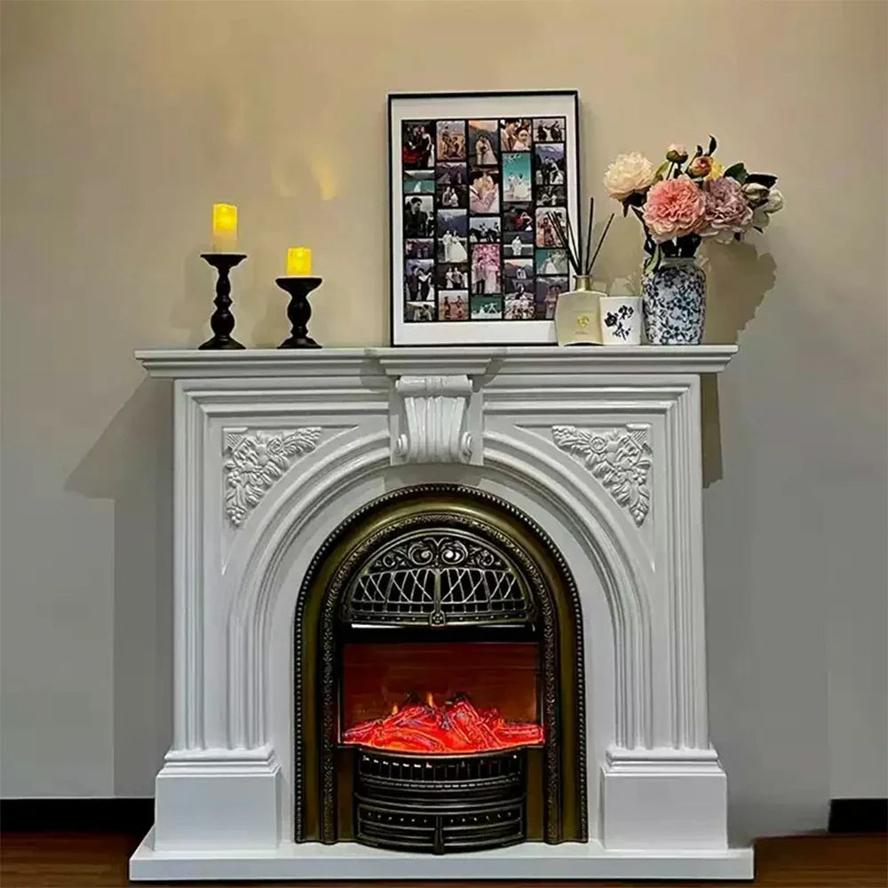 LIVARA 130cm Flame Wood Fireplace Ivory Mantel Insert, - Classic Solid Elegant Core White Decorative Birdcage Frame, Design