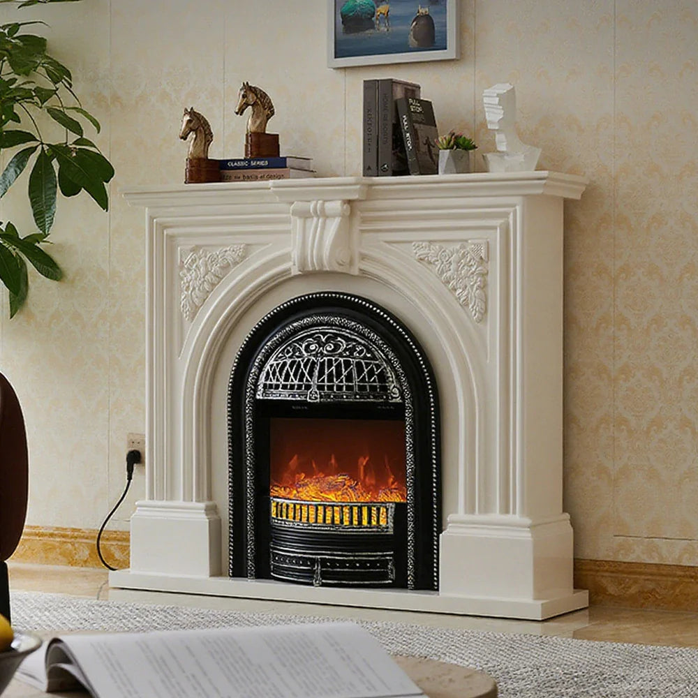 LIVARA 130cm Flame Wood Fireplace Ivory Mantel Insert, - Classic Solid Elegant Core White Decorative Birdcage Frame, Design