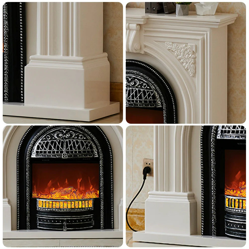 LIVARA 130cm Flame Wood Fireplace Ivory Mantel Insert, - Classic Solid Elegant Core White Decorative Birdcage Frame, Design