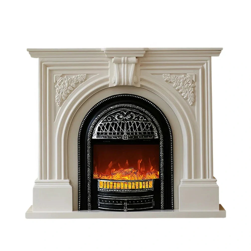 LIVARA 130cm Flame Wood Fireplace Ivory Mantel Insert, - Classic Solid Elegant Core White Decorative Birdcage Frame, Design